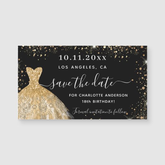 黒い金ゴールドドレスの誕生日は日付磁石を保存 (正面)