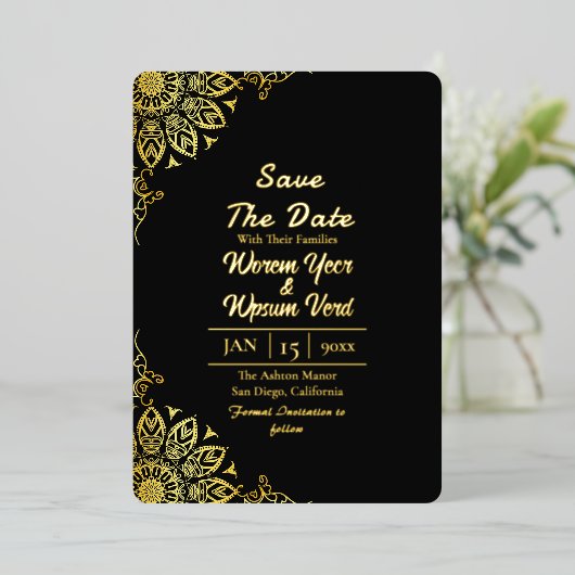 黒い金ゴールドハロウィーン結婚式の日付を保存 箔招待状 (立ち正面)