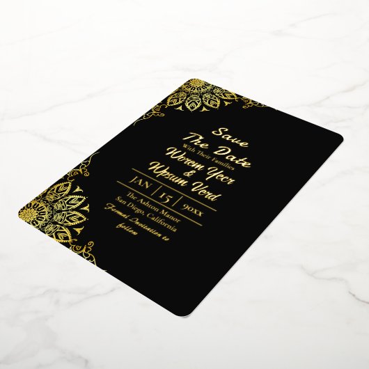 黒い金ゴールドハロウィーン結婚式の日付を保存 箔招待状 (回転した状態)