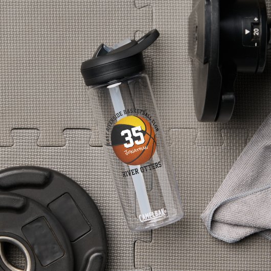 黒い金ゴールドバスケットボールチームの色パーソナライズされた ウォーターボトル (ジム)