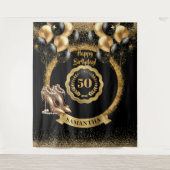 黒い金ゴールドバルーン50誕生日背景 タペストリー (正面)