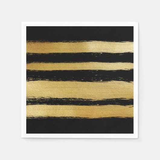 黒い金ゴールドフェイクのブモダンラシストライプストローク スタンダードカクテルナプキン (正面)
