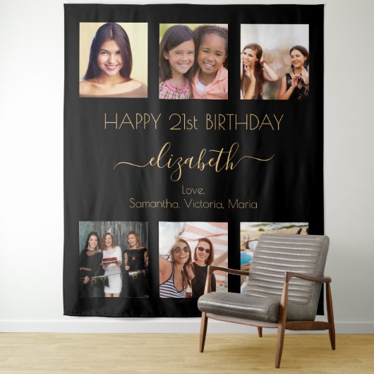 黒い金ゴールドフォトコラージュの友人の誕生日パーティー タペストリー (インサイチュ)