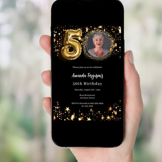 黒い金ゴールドフォトスター50歳の誕生日 招待状
