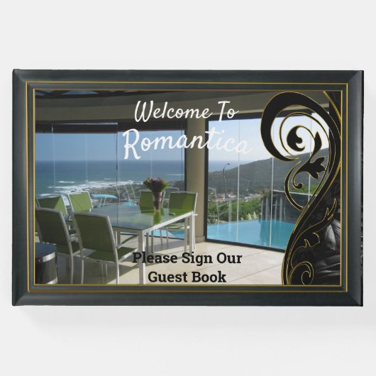 黒い金ゴールドフレーム、黒い塗り木下部 ゲストブック (正面)