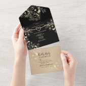 黒い金ゴールドフローラオールインワンウェディング招待 オールインワン招待状 (貼ってはがせる)