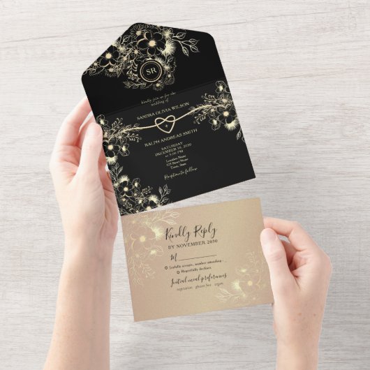 黒い金ゴールドフローラオールインワンウェディング招待 オールインワン招待状 (貼ってはがせる)