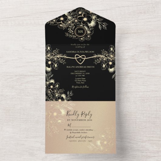 黒い金ゴールドフローラオールインワンウェディング招待 オールインワン招待状 (内側)
