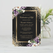 黒い金ゴールドフローラフォトお祝いの生活 招待状 (スタンド正面)