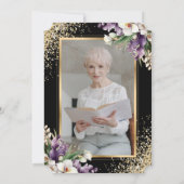 黒い金ゴールドフローラフォトお祝いの生活 招待状 (裏面)