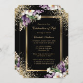 黒い金ゴールドフローラフォトお祝いの生活 招待状 (正面/裏面)