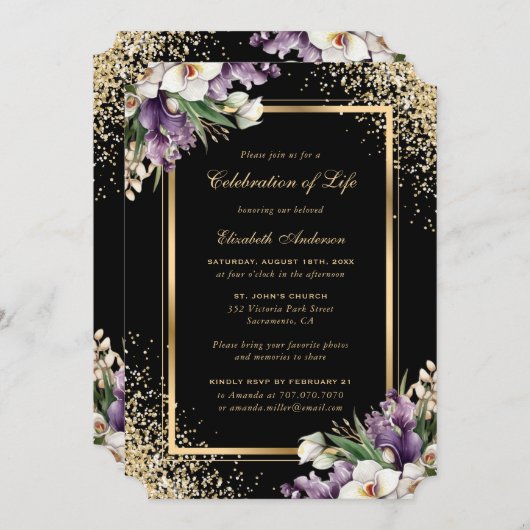 黒い金ゴールドフローラフォトお祝いの生活 招待状 (正面/裏面)
