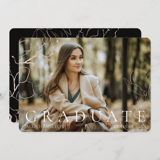 黒い金ゴールドフローラ写真の卒業発表 招待状 (正面/裏面)