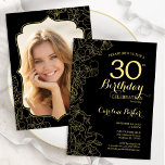黒い金ゴールドフローラ写真30th Birthdayパーティー 招待状<br><div class="desc">ブラック金ゴールドフローラ30th誕生日パーティの招待状カードの背面にあなたの写真と。ボタニカルモダンアウトラインスケッチアクセント、金ゴールドフォイルフェイク、タイポグラフィスクリプトフォントを備えたミニマルなデザイン。トレンディーシンプル招待状カードは女性の日スタイリッシュお祝いに最適。任意のカスタマイズ年齢にすることができる。印刷されたZazzle招待状または即時ダウンロードのデジタル印刷可能なテンプレート。</div>