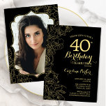 黒い金ゴールドフローラ写真40th Birthdayパーティー 招待状<br><div class="desc">ブラック金ゴールドフローラ40th誕生日パーティの招待状カードの背面にあなたの写真と。ボタニカルモダンアウトラインスケッチアクセント、金ゴールドフォイルフェイク、タイポグラフィスクリプトフォントを備えたミニマルなデザイン。トレンディーシンプル招待状カードは女性の日スタイリッシュお祝いに最適。任意のカスタマイズ年齢にすることができる。印刷されたZazzle招待状または即時ダウンロードのデジタル印刷可能なテンプレート。</div>