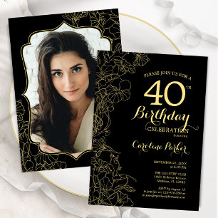 黒い金ゴールドフローラ写真40th Birthdayパーティー 招待状