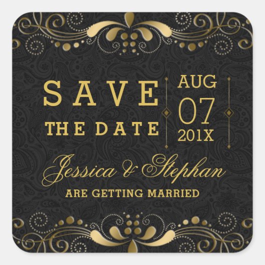 黒い金ゴールドフローラ旋回フレーム日付を保存 スクエアシール (正面)