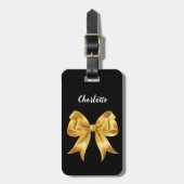 黒い金ゴールドボウ名スクリプト ラゲッジタグ (正面縦)
