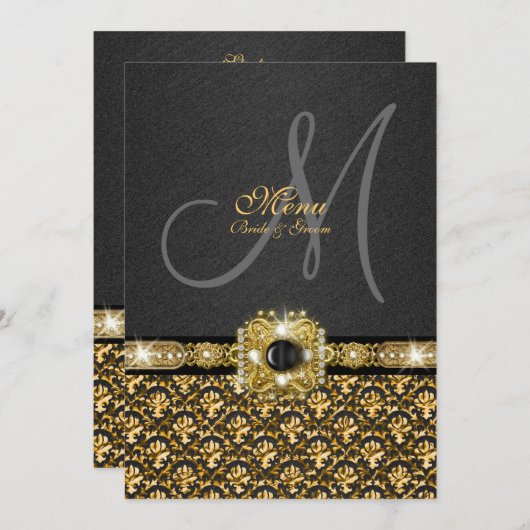 黒い金ゴールドメニューダマスク織の結婚式のテンプレート メニュー (正面/裏面)