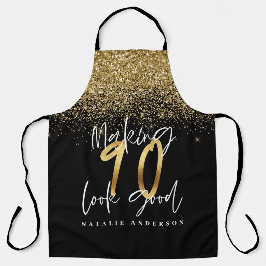 黒い金ゴールドモダングリッター90歳の誕生日エプロン エプロン (正面)
