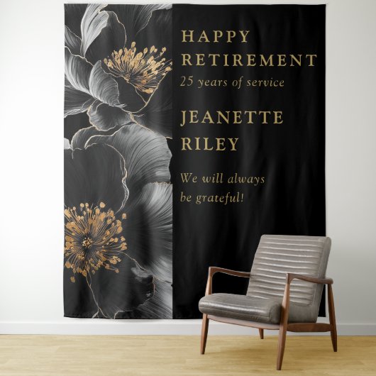 黒い金ゴールドモダンフローラ退職パーティー背景 タペストリー (インサイチュ)