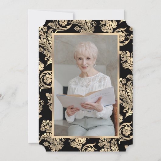 黒い金ゴールドヴィンテージフォトお祝いの生活 招待状 (裏面)