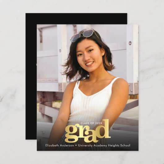 黒い金ゴールド予算の写真の卒業はっきりした招待状 (正面/裏面)