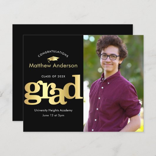 黒い金ゴールド予算の写真はっきりしたの卒業招待状 (正面/裏面)