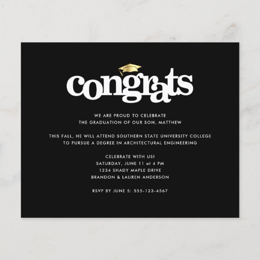 黒い金ゴールド予算の写真はっきりしたの卒業招待状 (裏面)