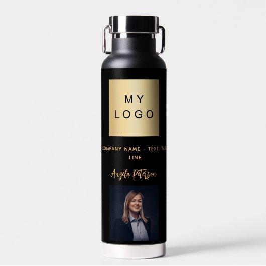 黒い金ゴールド会社のロゴ名の署名の写真 ウォーターボトル (正面)