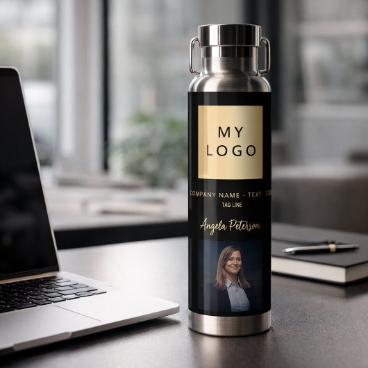 黒い金ゴールド会社のロゴ名の署名の写真 ウォーターボトル