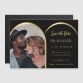 黒い金ゴールド写真のアーチ結婚式日付カードを保存 マグネット招待状 (正面/裏面)