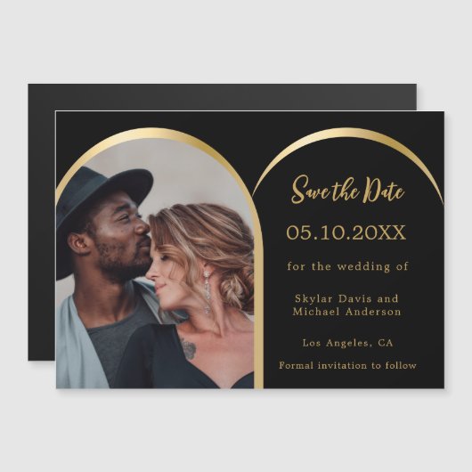 黒い金ゴールド写真のアーチ結婚式日付カードを保存 マグネット招待状 (正面/裏面)