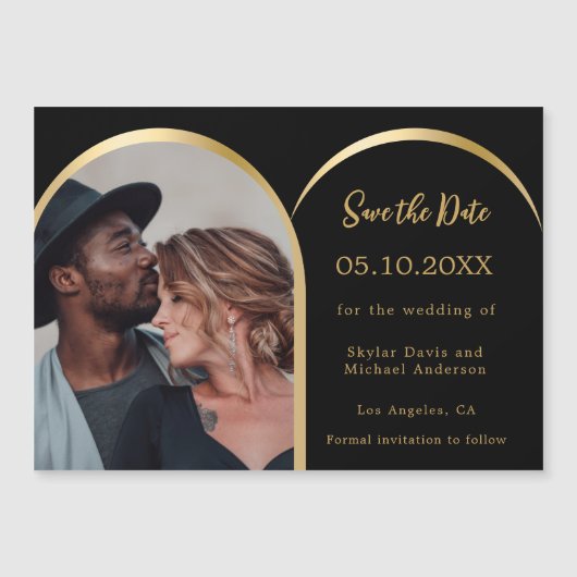 黒い金ゴールド写真のアーチ結婚式日付カードを保存 マグネット招待状 (正面)