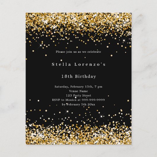 黒い金ゴールド写真の予算の誕生日の招待 (正面)