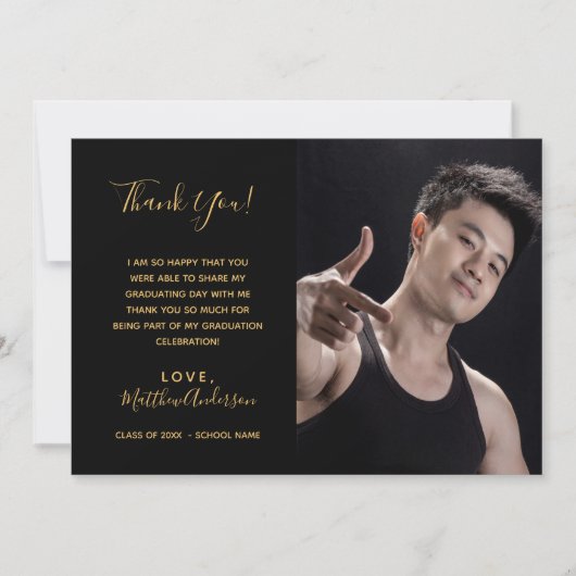 黒い金ゴールド写真の卒業サンキューカード 招待状 (正面)