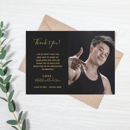 黒い金ゴールド写真の卒業サンキューカード 招待状