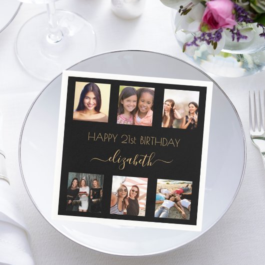 黒い金ゴールド写真コラージュの誕生日 スタンダードカクテルナプキン