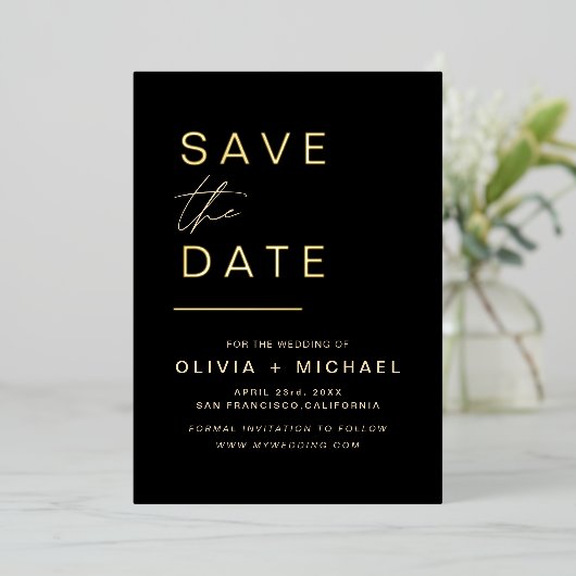 黒い金ゴールド写真ミニマルエレガントリストを保存 箔招待状 (立ち正面)