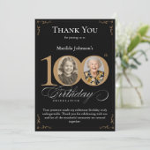 黒い金ゴールド写真100番目の誕生日サンキューカード 招待状 (スタンド正面)