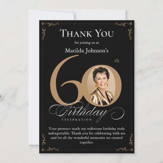 黒い金ゴールド写真60番目の誕生日サンキューカード 招待状 (正面)