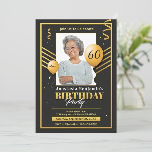 黒い金ゴールド写真60th誕生日パーティーのパーソナライズ 案内状 (スタンド正面)