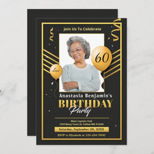 黒い金ゴールド写真60th誕生日パーティーのパーソナライズ 案内状 (正面/裏面)