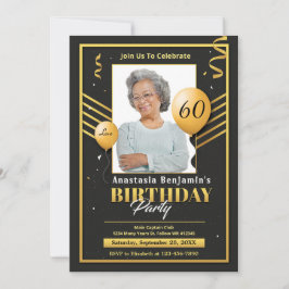 黒い金ゴールド写真60th誕生日パーティーのパーソナライズ 案内状