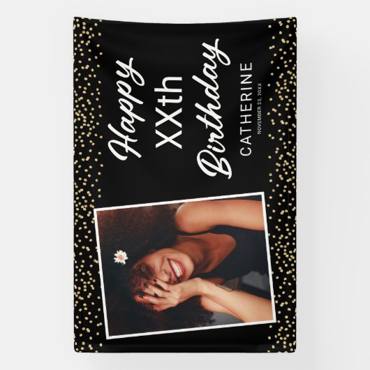 黒い金ゴールド写真Any Ageハッピーバースデー 横断幕 (縦)