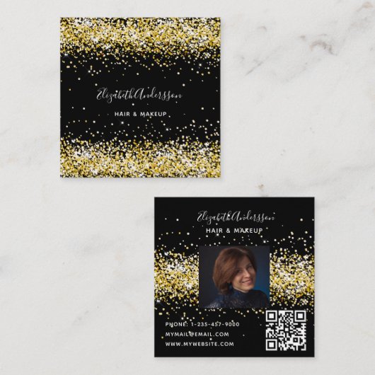 黒い金ゴールド写真qrコード スクエア名刺 (正面/裏面)