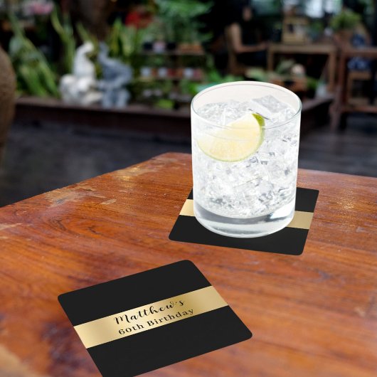 黒い金ゴールド名スクリプト誕生日 スクエアペーパーコースター