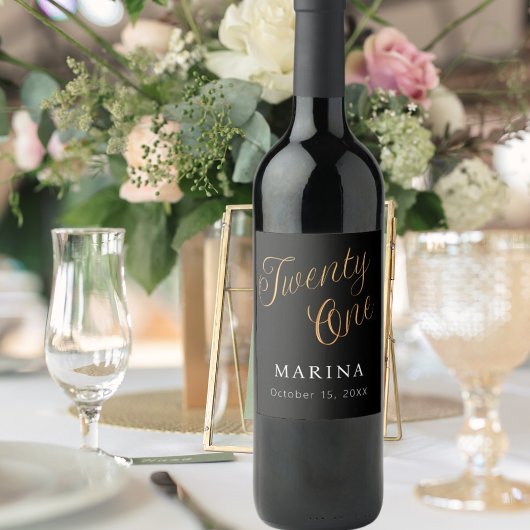 黒い金ゴールド名スクリプト21歳の誕生日 ワインラベル