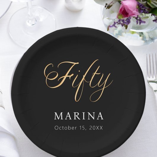 黒い金ゴールド名スクリプト50th birthday ペーパープレート