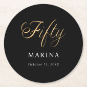 黒い金ゴールド名スクリプト50th birthday ラウンドペーパーコースター (正面)